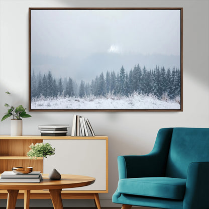 33033082-MGV-CV-36X24-Winter Forest Art Wall Art Canvas Print, Framed Snowy Landscape Art Picture Print, Misty Tree Scene Perfect Nordic Minimalist