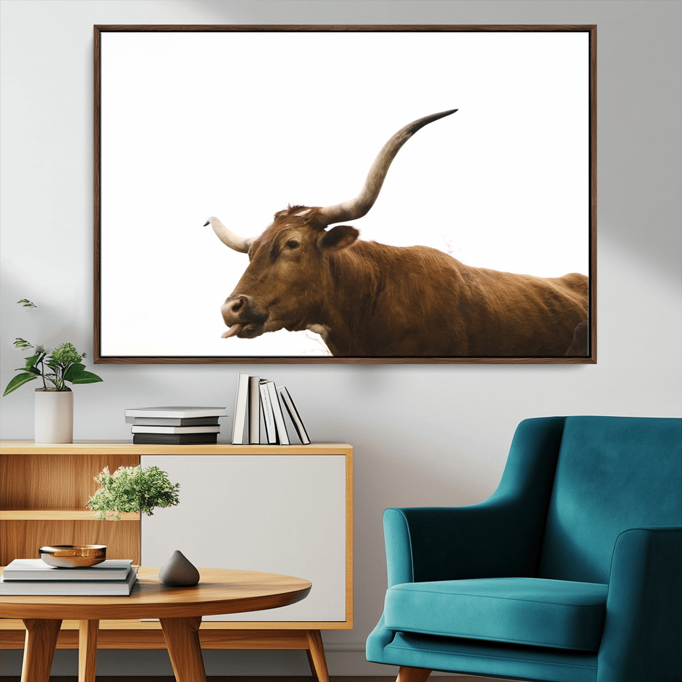 62566114-MGV-CV-36X24-Longhorn Cow Art Wall Art Canvas Print, Framed Rustic Animal Decor Art Picture Print, Texas Bull Photo Perfect Rustic Farmhouse