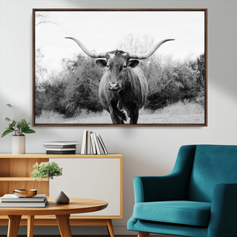 97280319-MGV-CV-36X24-Longhorn Photography Wall Art Canvas Print, Framed Western Cow Decor Art Picture Print, Texas Ranch Style Perfect Rustic Farmhouse