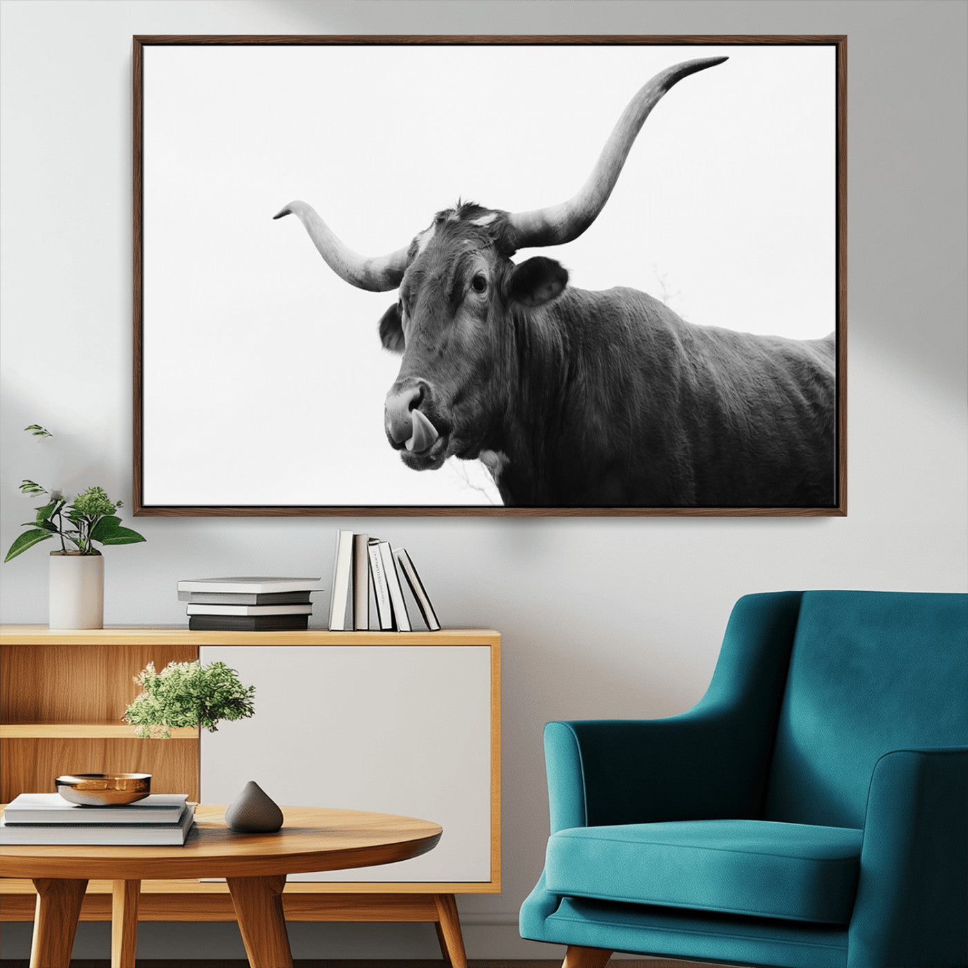 99244177-MGV-CV-36X24-Longhorn Photography Wall Art Canvas Print, Framed Western Cow Decor Art Picture Print, Black White Bull Perfect Modern Rustic