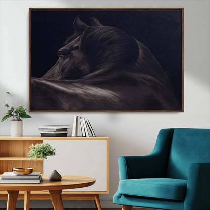 67026880-MGV-FC-36X24_Walnut-Black Horse Portrait Wall Art Canvas Print, Framed Moody Horse Decor Art Picture Print, Equestrian Wall Style Perfect Masculine