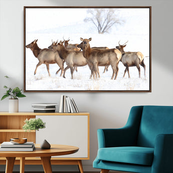 68738684-MGV-CV-36X24-Winter Elk Scene Wall Art Canvas Print, Framed Wildlife Photography Art Picture Print, Snowy Deer Decor Perfect Rustic Lodge Decor