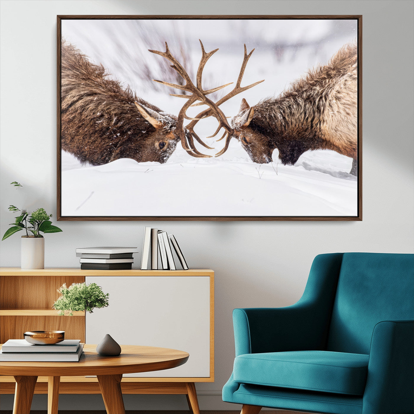36507609-MGV-CV-36X24-Elk Clash Scene Wall Art Canvas Print, Framed Wildlife Strength Decor Art Picture Print, Snowy Forest Elk Perfect Rustic Lodge