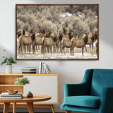 90269422-MGV-CV-36X24-Elk Herd Scene Wall Art Canvas Print, Framed Rustic Wildlife Decor Art Picture Print, Western Cabin Style Perfect Rustic Lodge