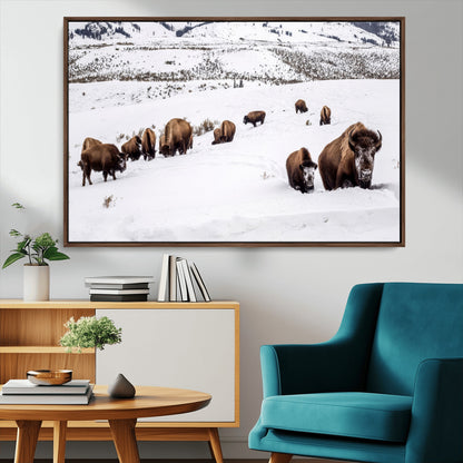 13891210-MGV-CV-36X24-Bison Herd Scene Wall Art Canvas Print, Framed Western Wildlife Decor Art Picture Print, Snowy Mountain Valley Perfect Rustic