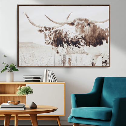 48161868-MGV-CV-36X24-Longhorn Cow Decor Wall Art Canvas Print, Framed Rustic Cattle Art Picture Print, Sepia Western Vibe Perfect Neutral Rustic