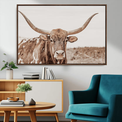 77810049-MGV-CV-36X24-Longhorn Bull Photo Wall Art Canvas Print, Framed Rustic Cow Decor Art Picture Print, Neutral Farmhouse Style Perfect Rustic