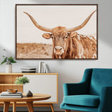 74406977-MGV-CV-36X24-Longhorn Bull Decor Wall Art Canvas Print, Framed Western Cow Theme Art Picture Print, Rustic Farmhouse Wall Perfect Neutral