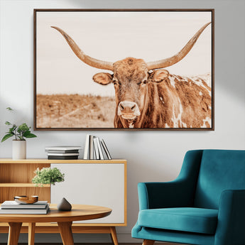 74406977-MGV-CV-36X24-Longhorn Bull Decor Wall Art Canvas Print, Framed Western Cow Theme Art Picture Print, Rustic Farmhouse Wall Perfect Neutral