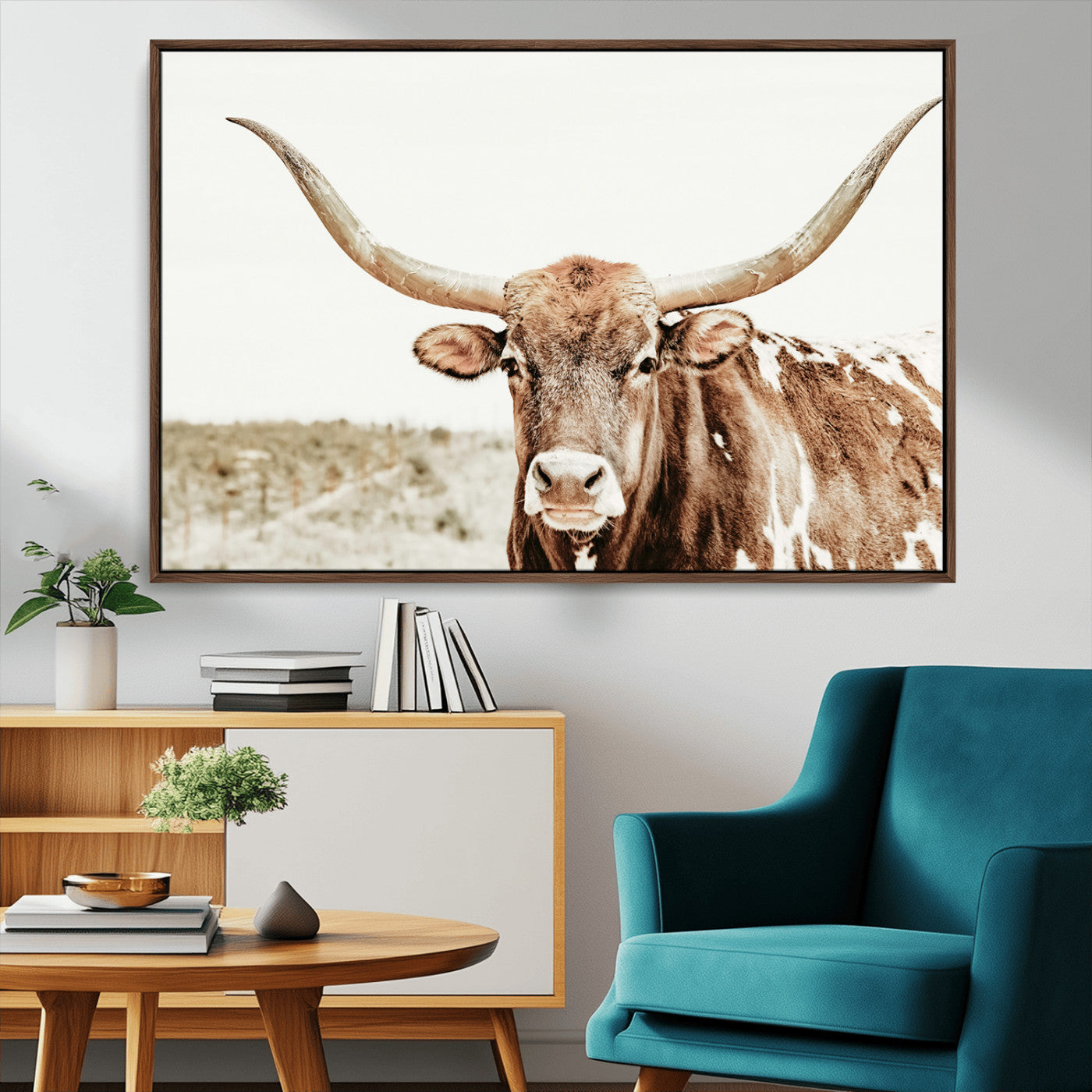98924580-MGV-CV-36X24-Texas Longhorn Bull Wall Art Canvas Print, Framed Rustic Farmhouse Decor Art Picture Print, Western Animal Theme Perfect Rustic