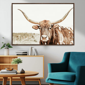 98924580-MGV-CV-36X24-Texas Longhorn Bull Wall Art Canvas Print, Framed Rustic Farmhouse Decor Art Picture Print, Western Animal Theme Perfect Rustic