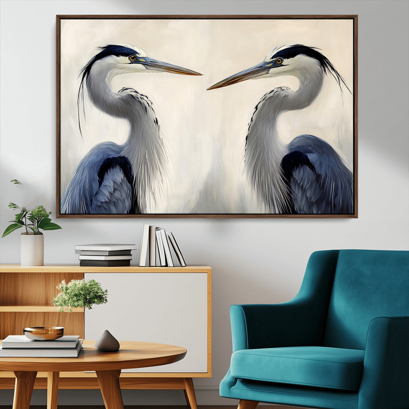 18230556-MGV-CV-36X24-Blue Heron Pair Wall Art Canvas Print, Framed Coastal Bird Theme Art Picture Print, Tranquil Wildlife Scene Perfect Coastal