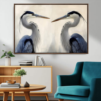18230556-MGV-CV-36X24-Blue Heron Pair Wall Art Canvas Print, Framed Coastal Bird Theme Art Picture Print, Tranquil Wildlife Scene Perfect Coastal