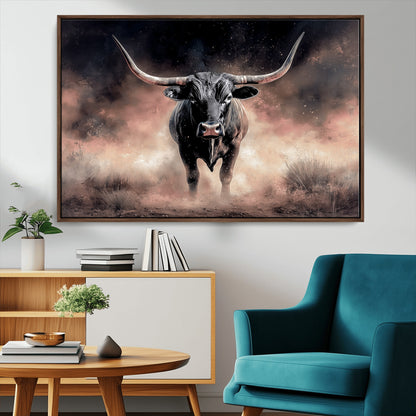 71457818-MGV-CV-36X24-Longhorn Wall Art Wall Art Canvas Print, Framed Western Bull Canvas Art Picture Print, Rustic Cow Decor Perfect Western Dramatic