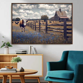 22296025-MGV-CV-36X24-Texas Longhorn Canvas Wall Art Canvas Print, Framed Rustic Barn Wall Art Art Picture Print, Farmhouse Cow Decor Perfect Rustic
