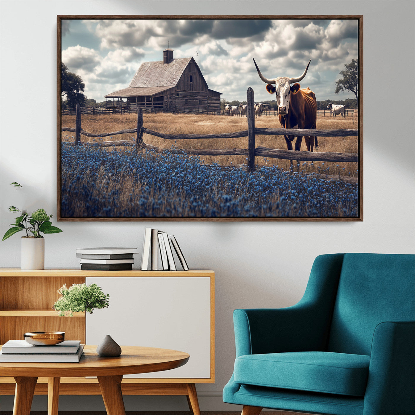 51092814-MGV-CV-36X24-Texas Longhorn Wall Art Wall Art Canvas Print, Framed Rustic Barn Canvas Art Picture Print, Farmhouse Cow Decor Perfect Rustic