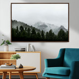 55968349-MGV-CV-36X24-Misty Mountains Wall Art Canvas Print, Framed Foggy Forest Art Picture Print, Snowy Peaks Perfect Moody Wilderness Decor Artwork