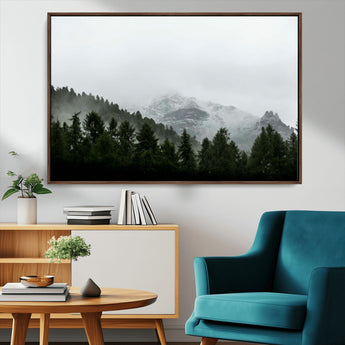 55968349-MGV-CV-36X24-Misty Mountains Wall Art Canvas Print, Framed Foggy Forest Art Picture Print, Snowy Peaks Perfect Moody Wilderness Decor Artwork