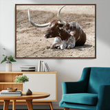 76549210-MGV-CV-36X24-Texas Longhorn Wall Art Canvas Print, Framed Country Living Art Picture Print, Farmhouse Aesthetic Perfect Western Rustic Decor
