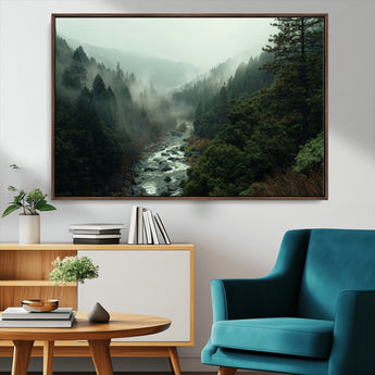 48497565-MGV-CV-36X24-Misty Forest Wall Art Canvas Print, Framed Foggy River Art Picture Print, Moody Landscape Perfect Moody Wilderness Decor Artwork