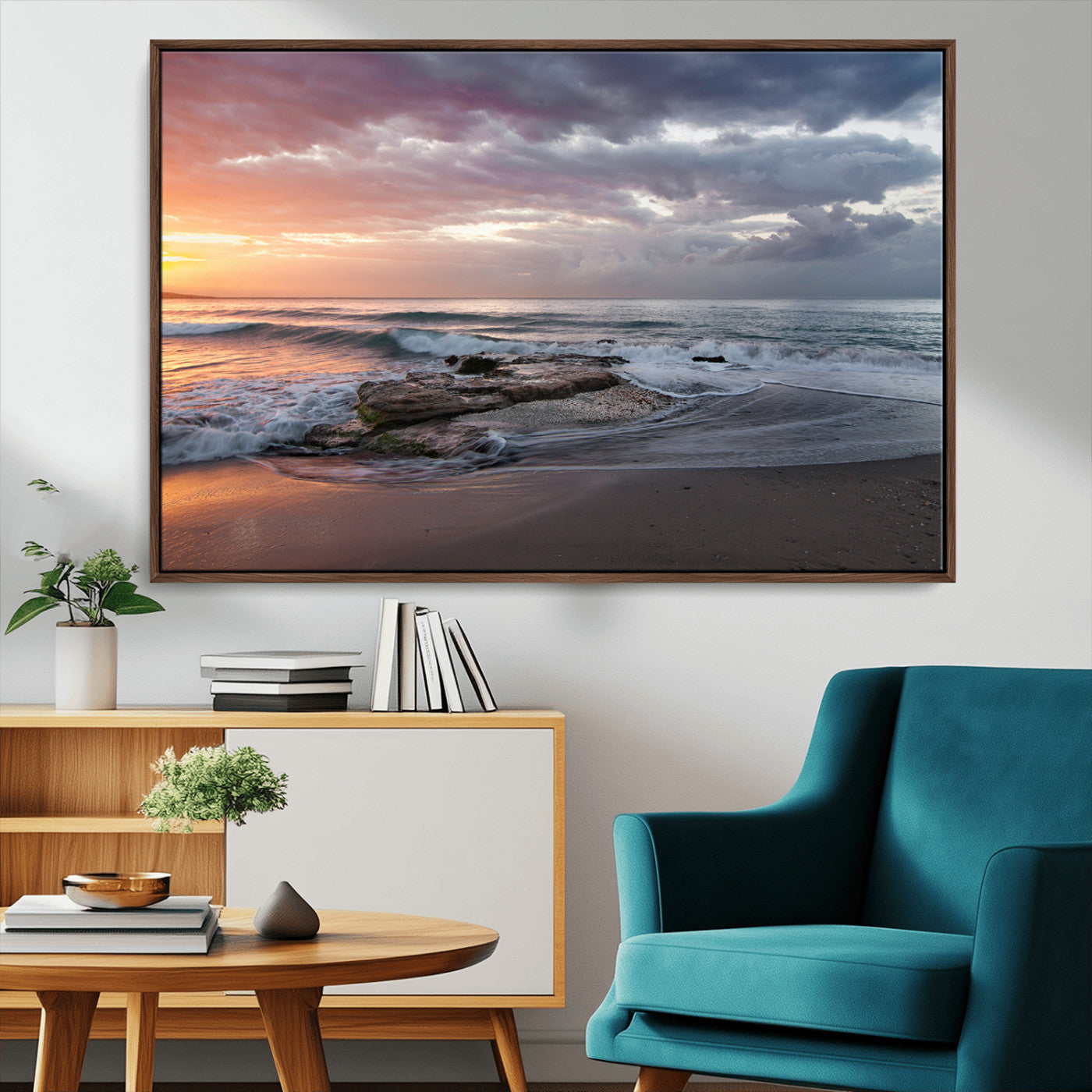 94208089-MGV-CV-36X24-Golden Hour Wall Art Canvas Print, Framed Tranquil Waves Art Picture Print, Beach Horizon Perfect Coastal Serenity Decor Artwork