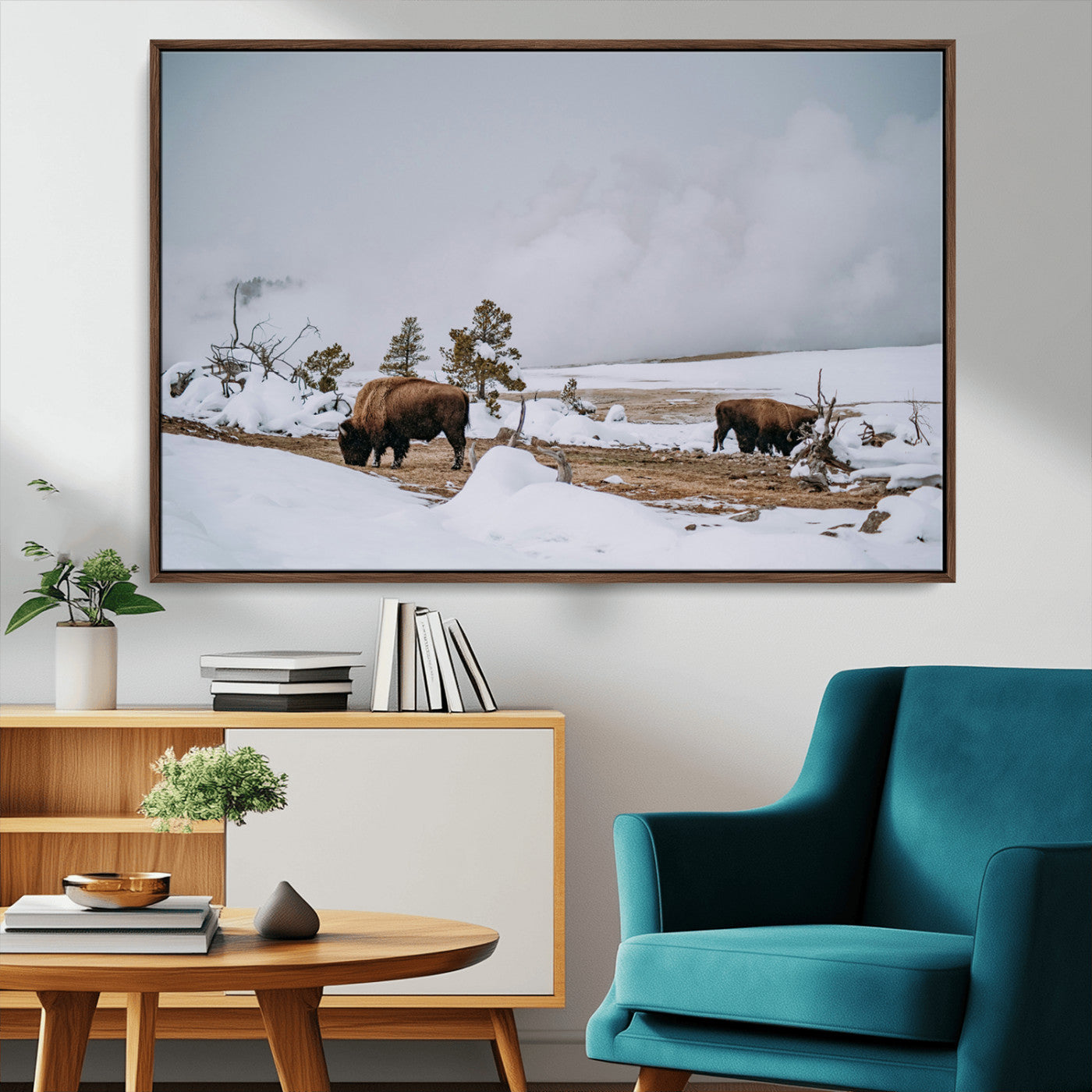 60308289-MGV-CV-36X24-Bison Wildlife Wall Art Canvas Print, Framed Snowy Prairie Art Picture Print, Western Landscape Perfect Rustic Winter Decor