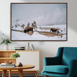 60308289-MGV-CV-36X24-Bison Wildlife Wall Art Canvas Print, Framed Snowy Prairie Art Picture Print, Western Landscape Perfect Rustic Winter Decor