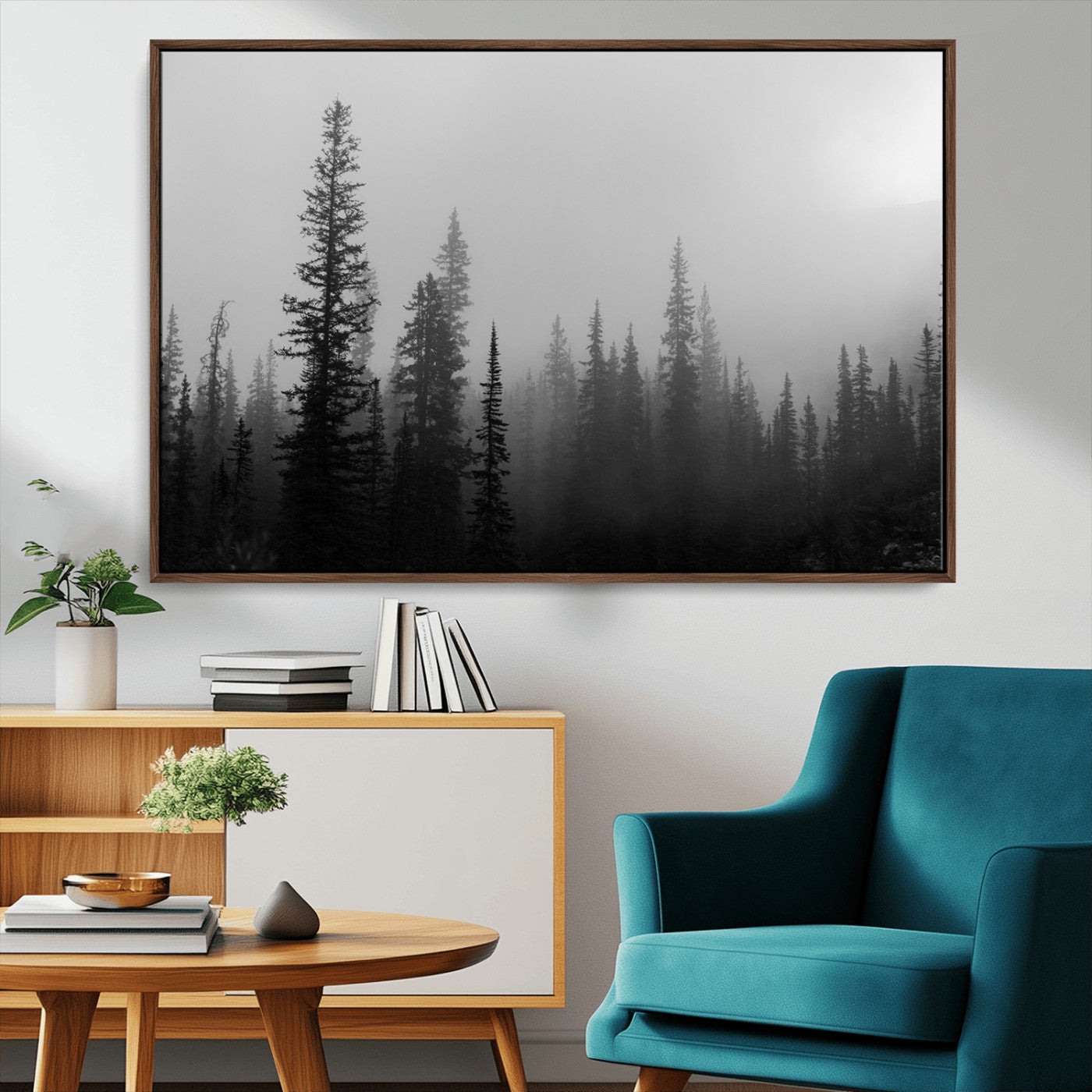 73138900-MGV-CV-36X24-Misty Pines Wall Art Canvas Print, Framed Woodland Photography Art Picture Print, Minimalist Decor Perfect Modern Rustic Decor
