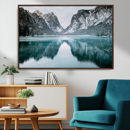 73098373-MGV-CV-36X24-Mountain Lake Wall Art Canvas Print, Framed Winter Wonderland Art Picture Print, Snowy Peaks Perfect Modern Nature Decor Artwork