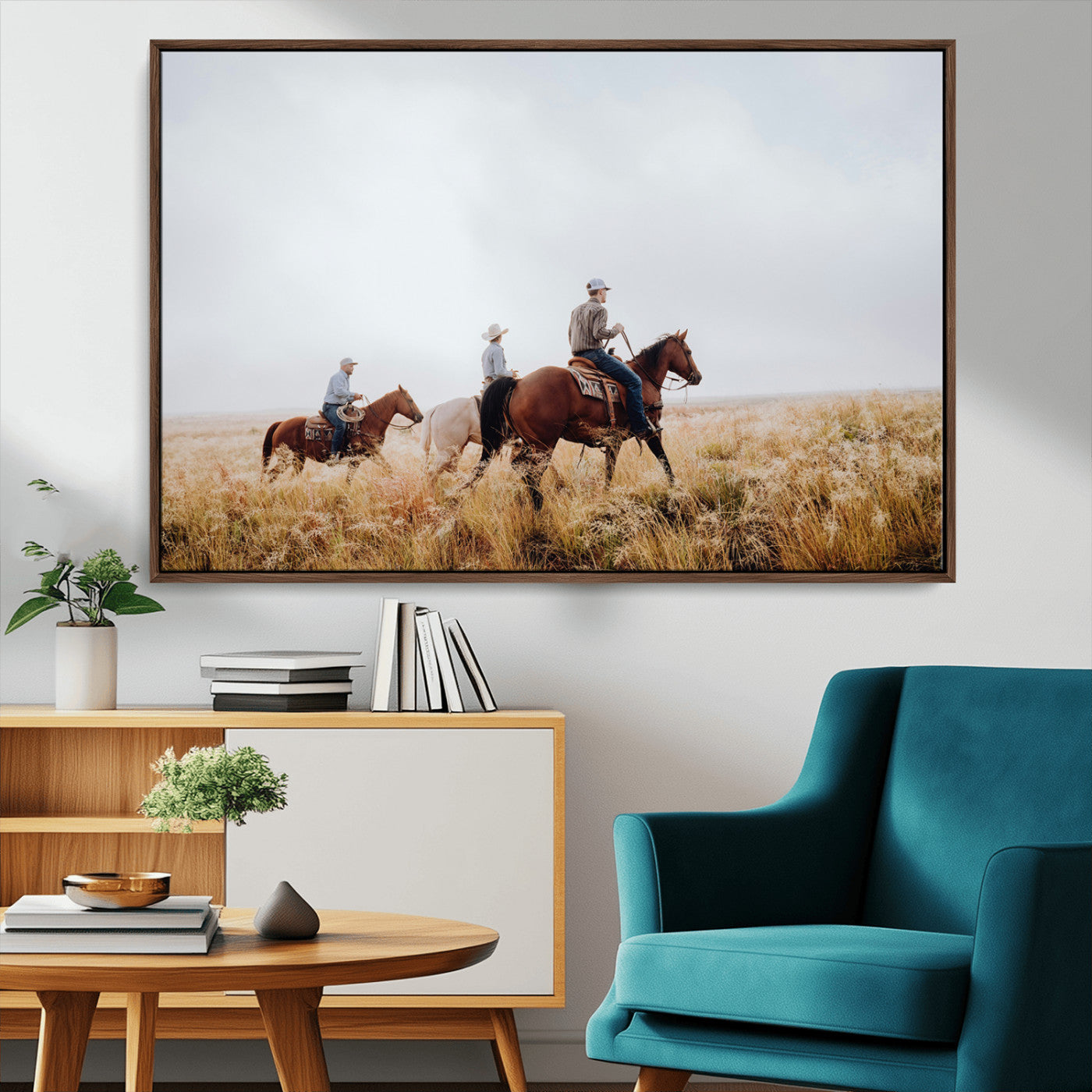 94723307-MGV-CV-36X24-Western Cowboys Wall Art Canvas Print, Framed Rustic Prairie Art Picture Print, Horseback Riding Perfect Rustic Western Decor