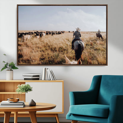 22431577-MGV-CV-36X24-Western Wall Art Wall Art Canvas Print, Framed Cowboy Canvas Art Picture Print, Cattle Drive Scene Perfect Rustic Western Decor