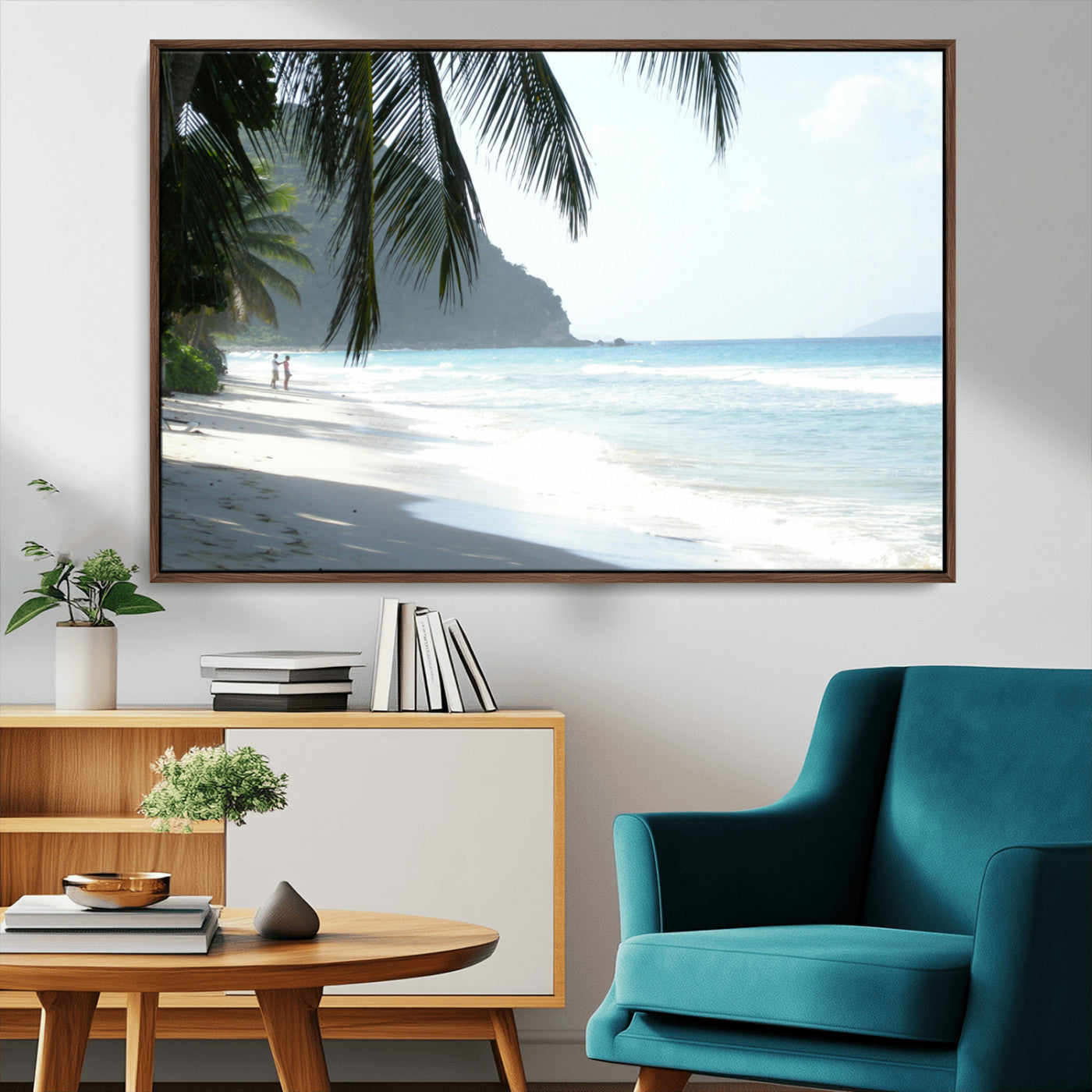 18311030-MGV-CV-36X24-Tropical Beach Wall Art Canvas Print, Framed Serene Ocean Art Picture Print, Palm Tree Shadows Perfect Tropical Coastal Decor