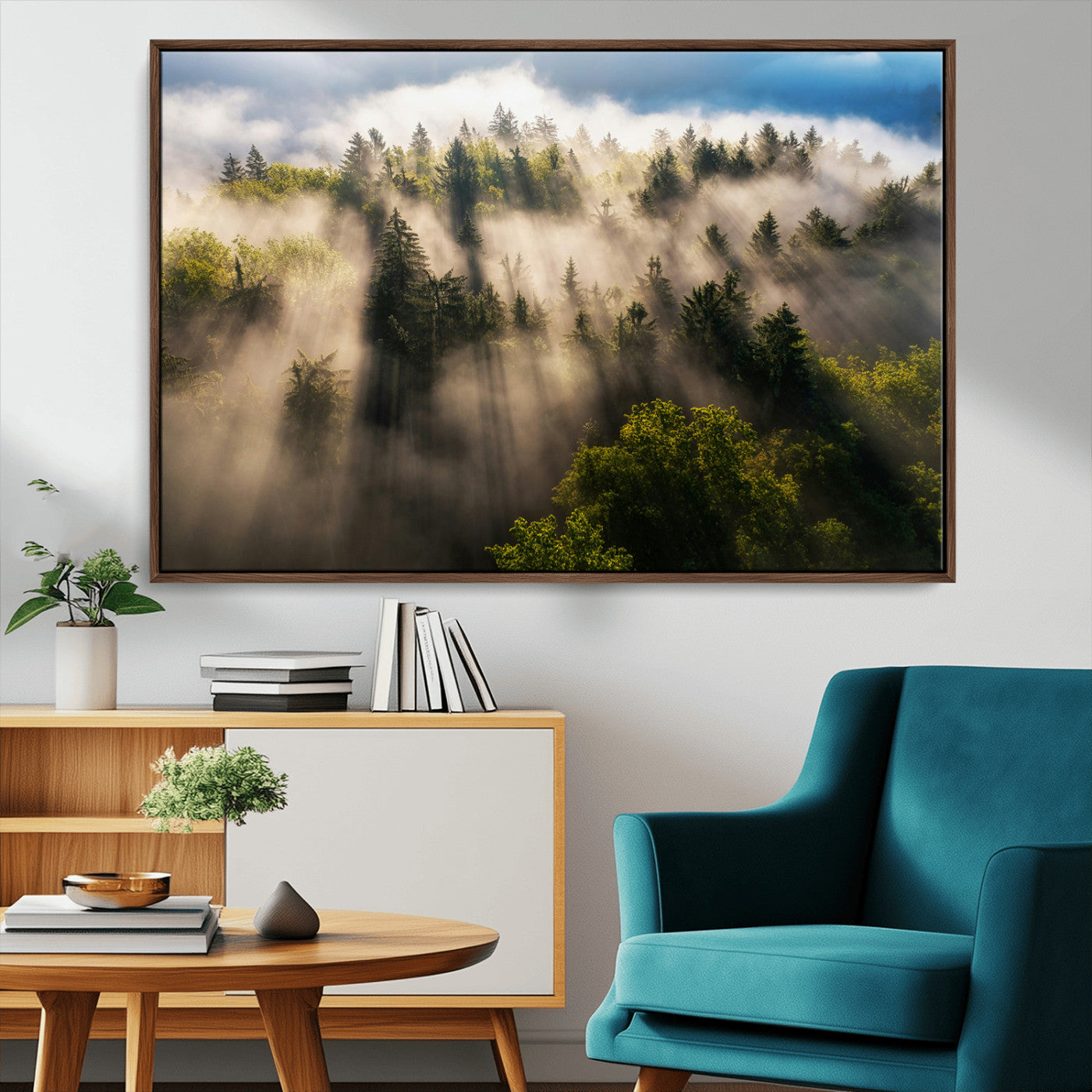 14785710-MGV-CV-36X24-Tranquil Forest Scene Wall Art Canvas Print, Framed Sunbeam Through Trees Art Picture Print, Moody Green Wall Art Perfect