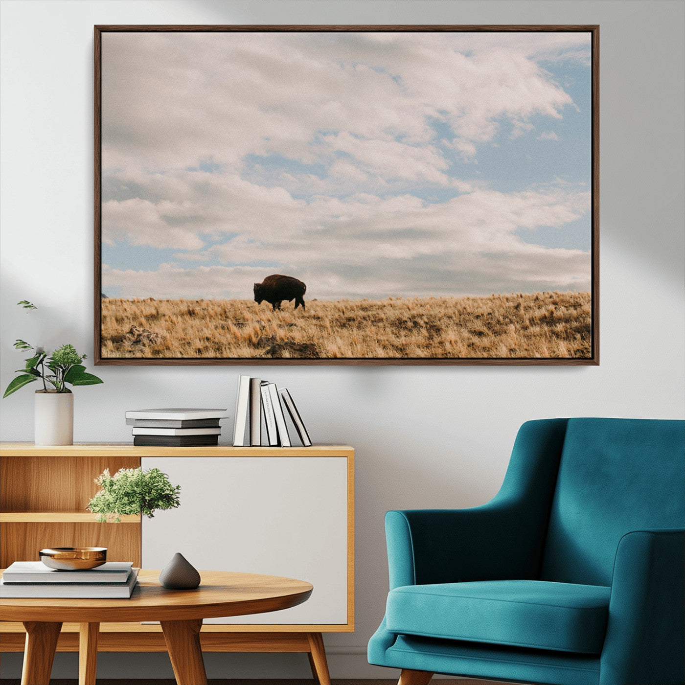 22754563-MGV-CV-36X24-Earthy Tones Wall Art Canvas Print, Framed Rustic Nature Art Picture Print, Solitary Buffalo Perfect Western Minimalist Decor
