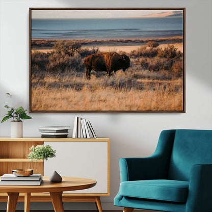 39509187-MGV-CV-36X24-Western Wildlife Wall Art Canvas Print, Framed Bison Art Picture Print, Golden Hour Perfect Western Rustic Decor Artwork