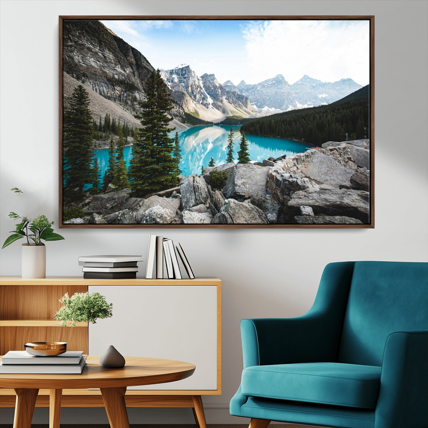 98014896-MGV-CV-36X24-Canadian Rockies Wall Art Canvas Print, Framed Mountain Landscape Art Picture Print, Turquoise Water Perfect Scandinavian