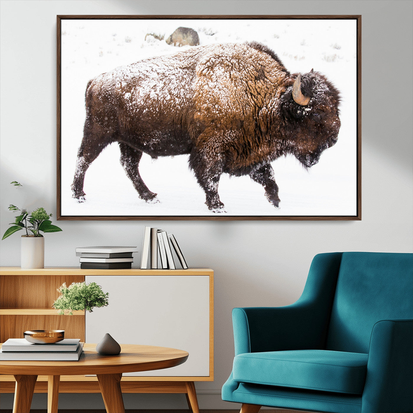 94261165-MGV-CV-36X24-Snowy Buffalo Wall Art Canvas Print, Framed Wildlife Photography Art Picture Print, Brown Tones Perfect Rustic Lodge Decor Decor