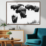 18914414-MGV-CV-36X24-Buffalo Herd Wall Art Canvas Print, Framed Black and White Art Picture Print, Snowy Landscape Perfect Rustic Lodge Decor Decor