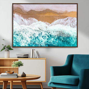 26870666-MGV-CV-36X24-Aerial Beach Wall Art Canvas Print, Framed Ocean Waves Art Picture Print, Coastal Landscape Perfect Coastal Minimalist Decor