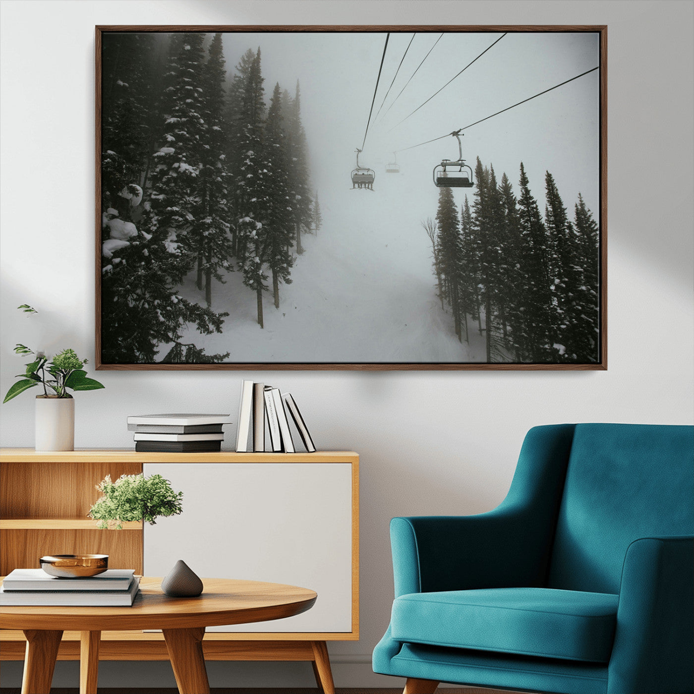 87018452-MGV-CV-36X24-Ski Lift Wall Art Canvas Print, Framed Snowy Pines Art Picture Print, Misty Landscape Perfect Winter Serenity Decor Artwork