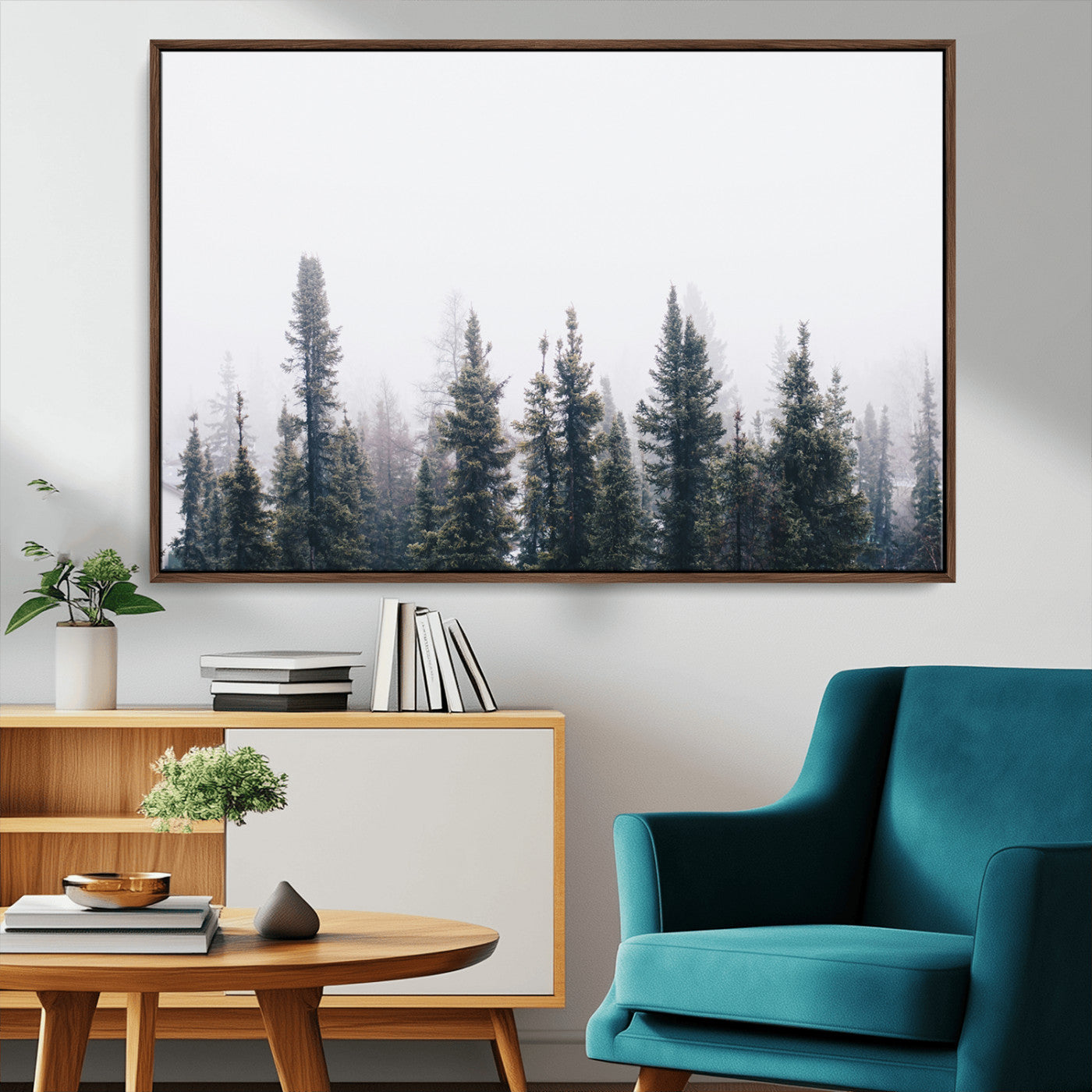 42364796-MGV-CV-36X24-Foggy Forest Wall Art Canvas Print, Framed Misty Pines Art Picture Print, Moody Woodland Perfect Scandinavian Minimalist Decor