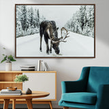 13316292-MGV-CV-36X24-Moose in Snow Wall Art Canvas Print, Framed Winter Wildlife Art Picture Print, Snowy Forest Scene Perfect Rustic Lodge Decor