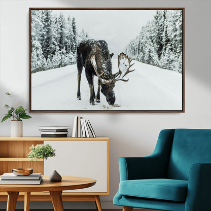 13316292-MGV-CV-36X24-Moose in Snow Wall Art Canvas Print, Framed Winter Wildlife Art Picture Print, Snowy Forest Scene Perfect Rustic Lodge Decor