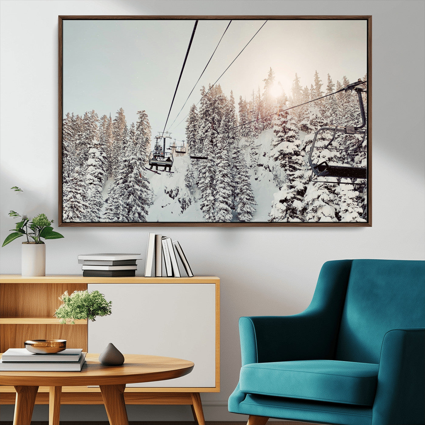 91534512-MGV-CV-36X24-Frosty Pines Wall Art Canvas Print, Framed Cozy Cabin View Art Picture Print, Ski Lift Ride Perfect Rustic Lodge Decor Artwork