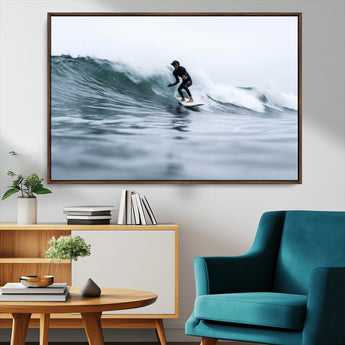 11693607-MGV-CV-36X24-Surfer on Wave Wall Art Canvas Print, Framed Ocean Adventure Art Picture Print, Motion Blur Water Perfect Coastal Adventure Decor