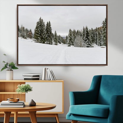 24581417-MGV-CV-36X24-Frosty Pines Wall Art Canvas Print, Framed Silent Snowfall Art Picture Print, Cozy Cabin Vibes Perfect Nordic Minimalist Decor