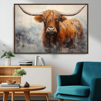 X61001-MGV-CV-36X24-Scottish Highland Wall Art Canvas Print, Framed Longhorn Art Picture Print, Western Cow Perfect Farmhouse Decor Artwork