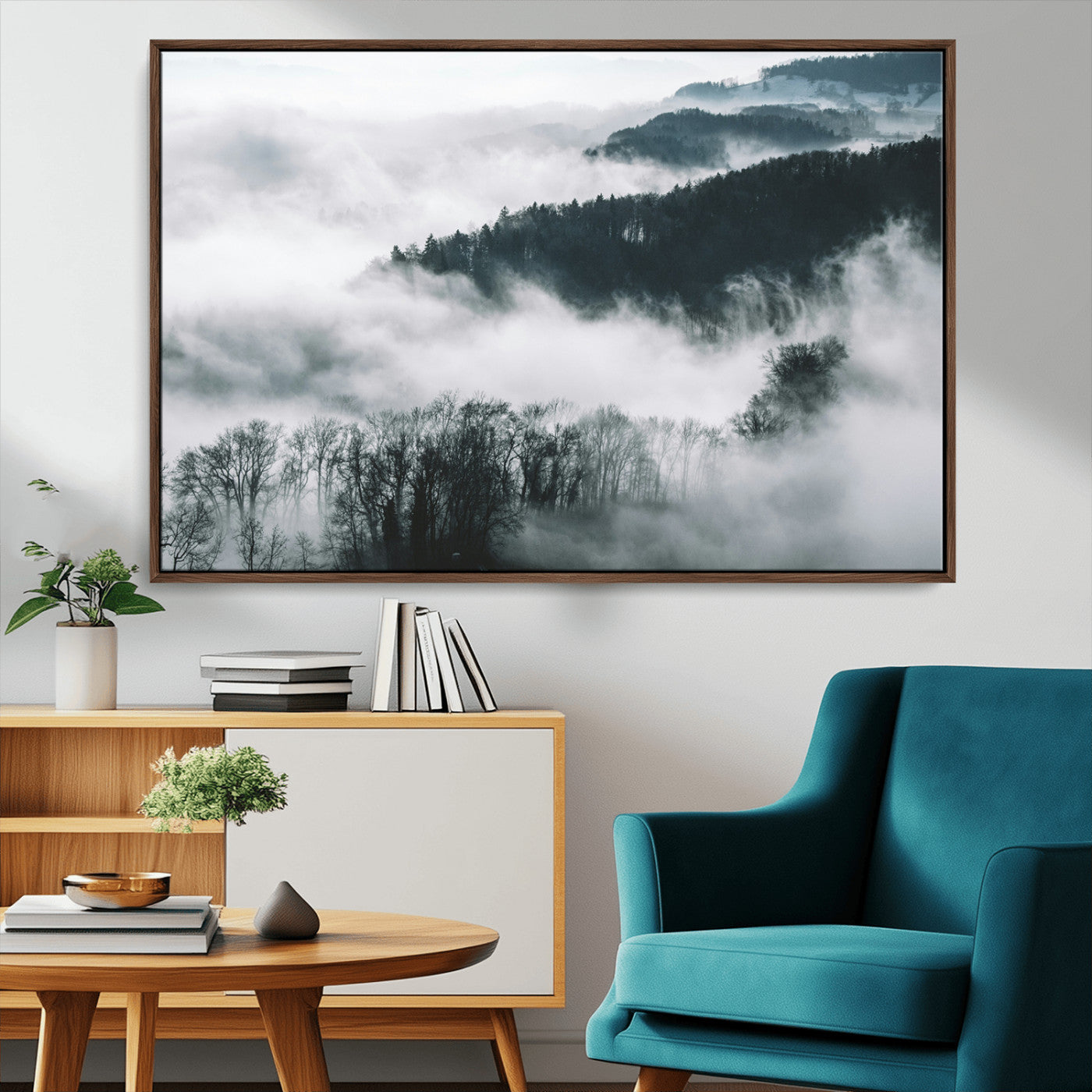 67569654-MGV-CV-36X24-Foggy Forest Wall Art – Mist Covered Hills and Trees Landscape Canvas Print, Moody Nature Photography Decor for Living Room,
