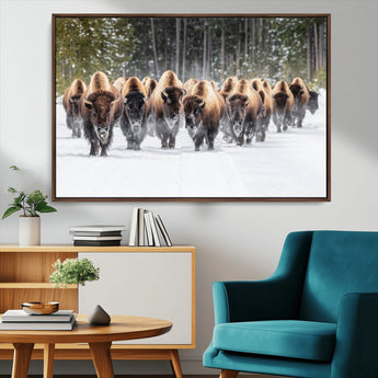 96906195-MGV-CV-36X24-Bison Herd Wall Art – American Buffalo Wildlife Photography Canvas Print, Winter Snow Scene Western Nature Decor for Living Room,