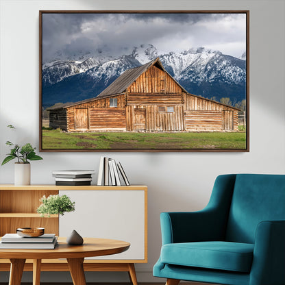 15173627-MGV-CV-36X24-Barn Wall Art – Rustic Wooden Cabin Canvas Print with Snowy Mountain Landscape, Western Farmhouse Country Decor for Living Room,
